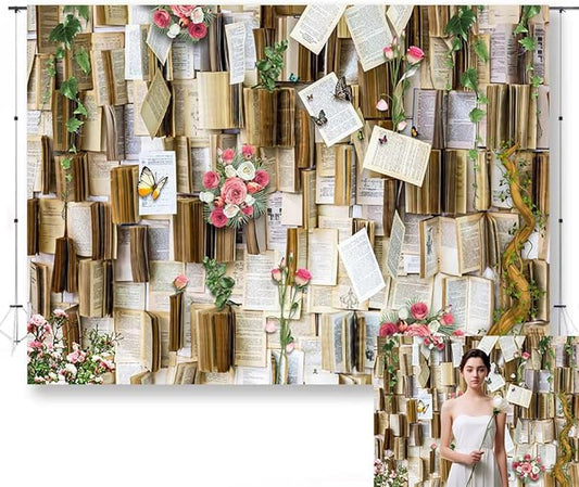 8x6ft Book Photo Backdrop Fairy Tale Books Background Pink Flowers Party Decor Background Girls Party Decorations Kids Newborn Birthday Baby Shower Photo Studio Props KUBDJ728