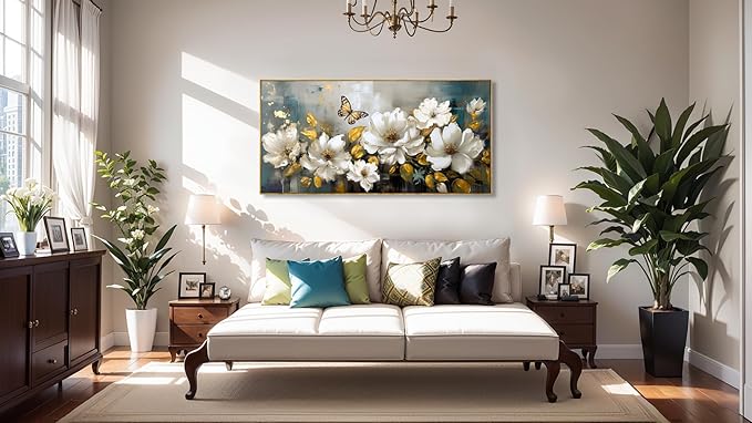 Wall Art Modern Flower Artwork Paintings White Blossom Gold Leaf Butterfly Landscape Picture wall Decor for Living Room Bedroom Kitchen 40"x79" with Framed