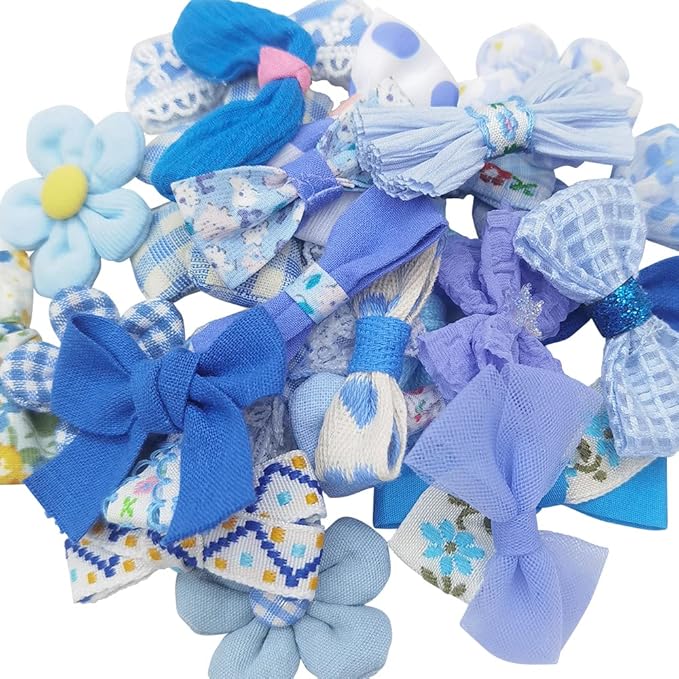 Chenkou Craft Mix Bulk Random 20pcs Blue Fabric Ribbon Flowers Bows Craft Wedding Ornament Appliques (Blue)