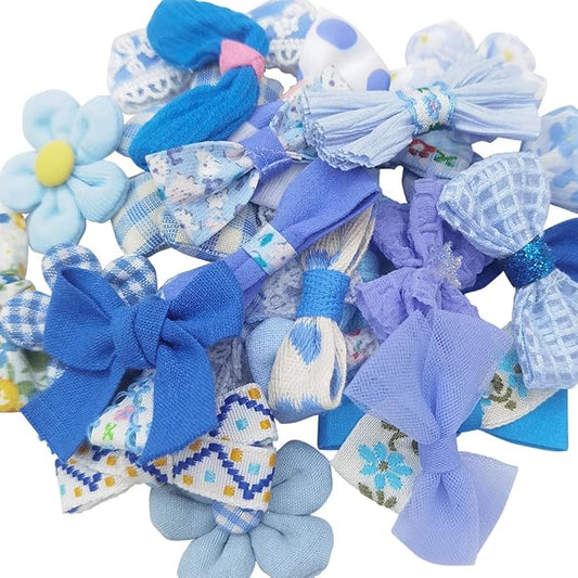 Chenkou Craft Mix Bulk Random 20pcs Blue Fabric Ribbon Flowers Bows Craft Wedding Ornament Appliques (Blue)