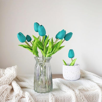 Artificial Flowers 10 Heads Mini Real Touch Artificial Tulip for Home Wedding Party Centerpiece Decoration (Dark Teal)
