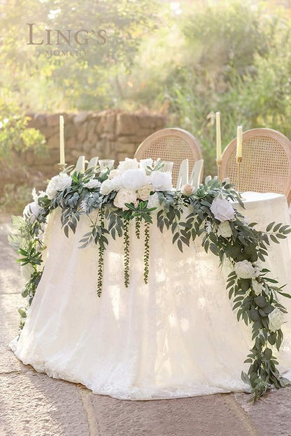 Ling's moment 9FT Spring Flower Garland for Backdrop Decorations - Wedding Arch Flowers, Eucalyptus & Rose, Artificial Floral Garland for Mantel - Sweetheart Table Decor for Reception, White & Sage