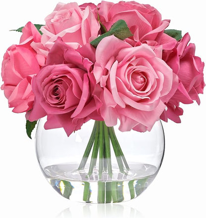 WELL KNOWN Artificial Flowers with Vase, Silk Rose Artificial Flowers Table Centerpieces with Faux Water for Home Decoration Fake Roses Flower Arrangements for Table Decor (Fuchsia)