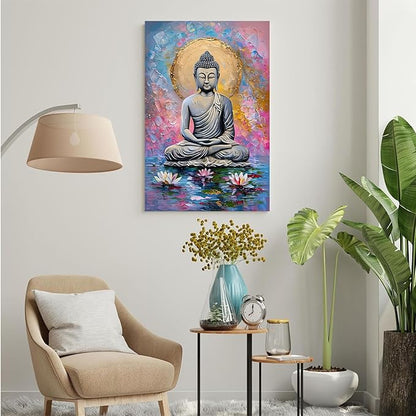 Lotus and golden Buddha meditation tranquil zen wall art mindfulness wall art for spiritual harmony and tranquility decor 24x36in Wood Framed