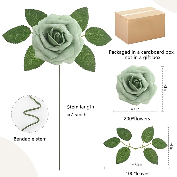 200PCS Elf Green Artificial Flowers Roses Real Looking Foam Fake Roses with Leaves for DIY Wedding Bouquets Bridal Shower Party Decorations (Elf Green, 200)