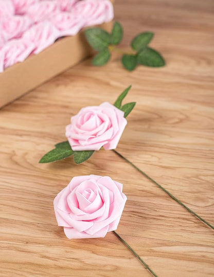 Artificial Flower Foam Rose 25pcs Real Looking Fake Rose with Stems Leaves for Home Decoration Party Garden Centerpieces DIY Wedding Bouquets（Light Pink）
