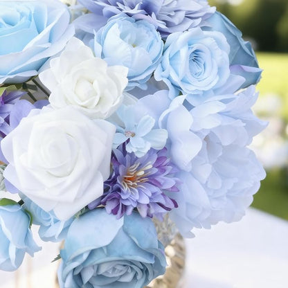 SwanMoon Artificial Flowers Combo Box Set, 26pcs Blue Silk Roses & Daisy with Stems for DIY Wedding Bouquets, Party Centerpieces & Home Decor