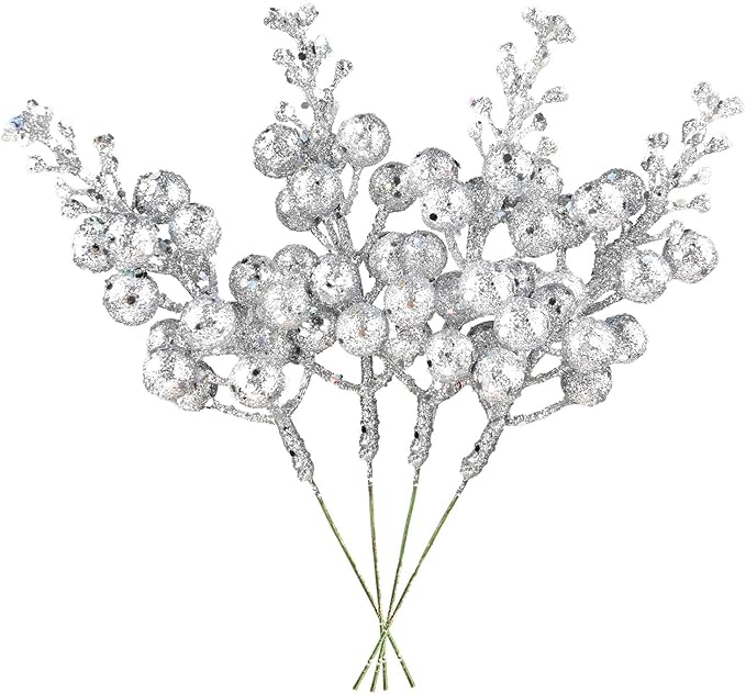 DearHouse 14 Pack Christmas Glitter Berries Stems, 7.8Inch Silver Artificial Christmas Picks for Christmas Tree Ornaments, DIY Xmas Wreath, Crafts, Holiday and Home Decor