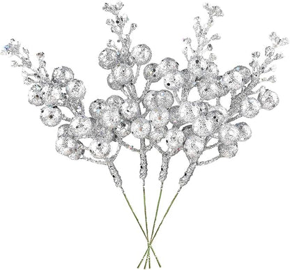 DearHouse 14 Pack Christmas Glitter Berries Stems, 7.8Inch Silver Artificial Christmas Picks for Christmas Tree Ornaments, DIY Xmas Wreath, Crafts, Holiday and Home Decor