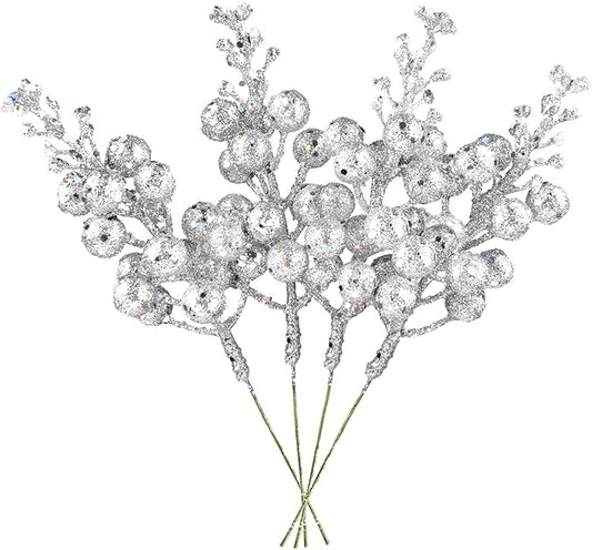 DearHouse 14 Pack Christmas Glitter Berries Stems, 7.8Inch Silver Artificial Christmas Picks for Christmas Tree Ornaments, DIY Xmas Wreath, Crafts, Holiday and Home Decor