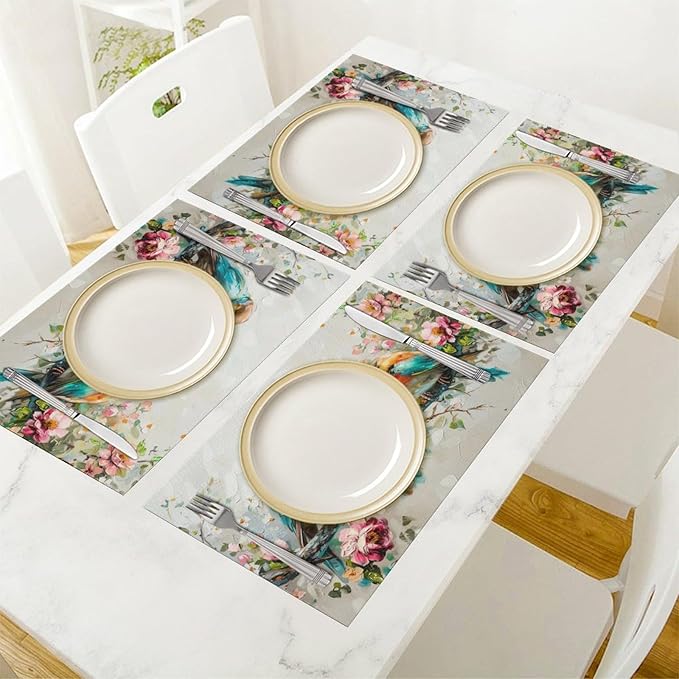 Botanical Birds Placemats Set of 4 Bird Pictures Farmhouse Rustic Flower Kitchen Mats Waterproof Washable Table Mats for Kitchen Dining Decoration 4 PCS