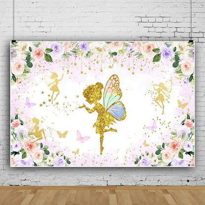 Renaiss 12x10ft Floral Fairy Backdrop Pink Gold Flower Butterflies Golden Glitter Princess Fairy Birthday Party Photography Background for Girl Baby Shower Decor Photo Studio Props
