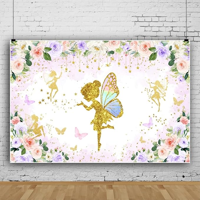 Renaiss 5x3ft Floral Fairy Backdrop Pink Gold Flower Butterflies Golden Glitter Princess Fairy Birthday Party Photography Background for Girl Baby Shower Decor Photo Studio Props
