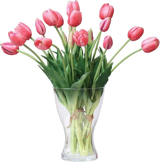 20pcs Artificial Tulip Flowers,16 Inch Real Touch Tulip Stems with Faux Leaves, Faux Tulips and Buds for Home Décor Centerpiece Ornament Wedding Bouquet,Deep Pink