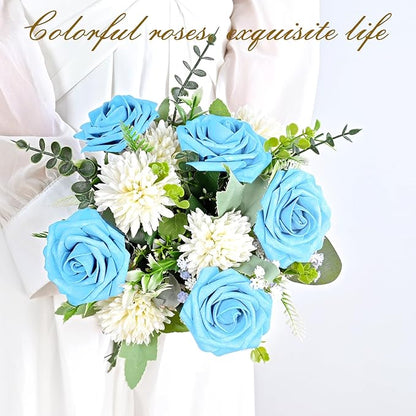 BLEUM CADE 16Pcs Artificial Flowers Fake Roses with Stems, Sky Blue Boxed Foam Roses for DIY Bouquets Centerpieces Wedding Party Arrangement Bridal Shower Decor