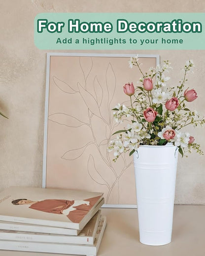 9 Inch Galvanized Metal Vases for Flowers - 2 Pcs Farmhouse Decorative Tall Flower Bucket with Handles, Rustic French Tin Planter Buckets for Wedding Decor (Pure White)