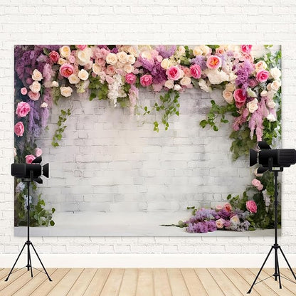 6x4ft Retro White Brick Wall Floral Backdrop Vine Leaves Rose Flowers Photography Background Bridal Shower Wedding Party Birthday Banner Decorations Adults Portrait Photo Booth Prop