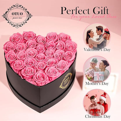 27 Preserved Roses in Heart-Shaped Box, Flowers for Delivery Prime Last up 2 Years, Real Forever Flowers for Wife, Girlfriend, Mother, Eternal Roses for Anniversary - Pink