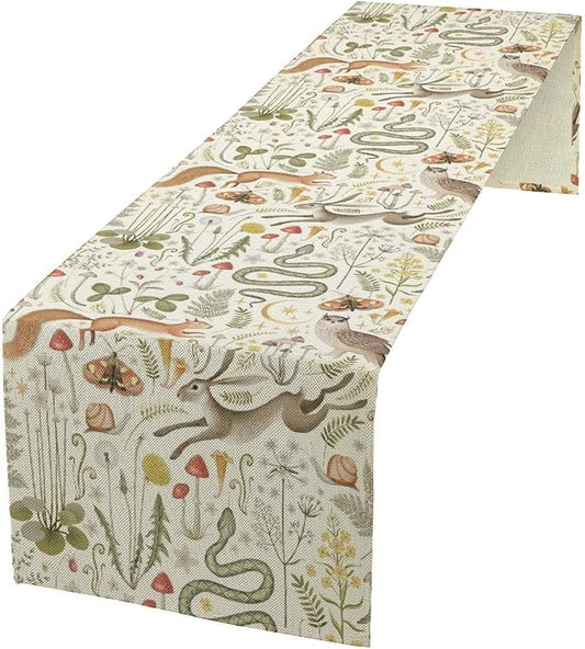 Country Forest Table Runner, Wild Animal Hare Squirrel Owl Snake Snail Flowers Mushroom Print Table Runner for Spring Holiday Farmhouse Kitchen Indoor Outdoor Decoration, 13x36inch