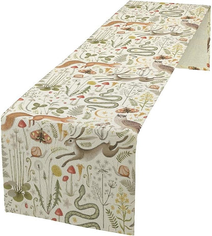 Country Forest Table Runner, Wild Animal Hare Squirrel Owl Snake Snail Flowers Mushroom Print Table Runner for Spring Holiday Farmhouse Kitchen Indoor Outdoor Decoration, 13x108inch