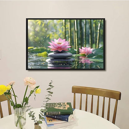 Ethereal pink lotus on obsidian Sunlit bamboo forest with sparkling water drops Poetic nature inspired wall art for tranquil homes and mindful spaces 24x36in Metal blackFramed