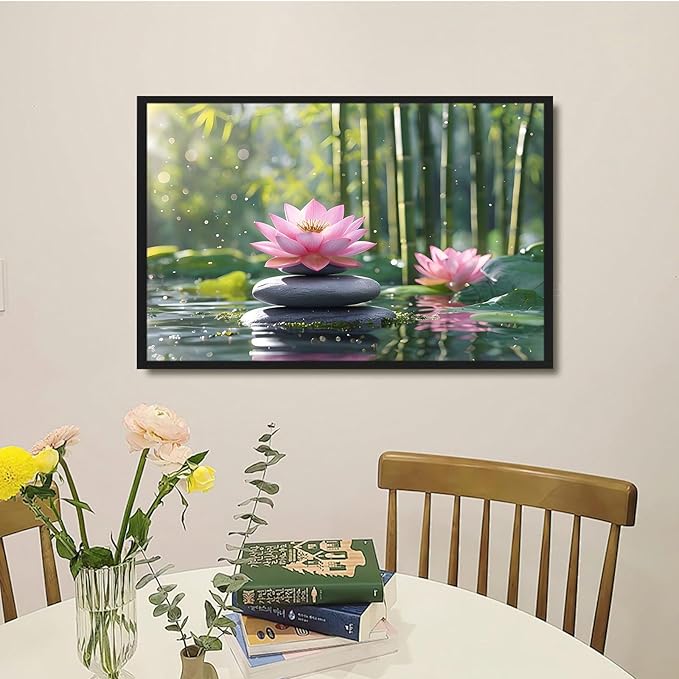Ethereal pink lotus on obsidian Sunlit bamboo forest with sparkling water drops Poetic nature inspired wall art for tranquil homes and mindful spaces 16x24in Metal blackFramed
