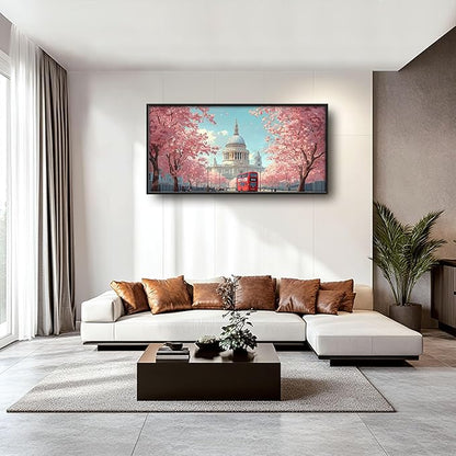 England London Paul’s Cathedral Large Wall Art Cityscape Cherry Blossom Pictures Wall Decor Street Scene Canvas Spring Print Painting Modern Artwork Home Decoration for Living Room Bathroom Bedroom Office Framed 60"x30"