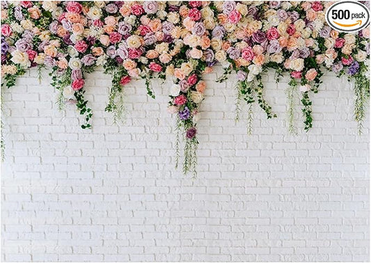 7X5FT White Brick with Flowers Backdrop Occasions Mother's Day Wedding Bridal Shower Birthday Party Banner Background Supplies DH-357