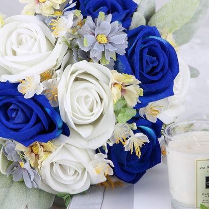 Rinlong 7“ Blue Wedding Bouquet for Bride Bridesmaid Artificial Toss Bouquet Royal Navy Blue Silk Bridal Bouquet Wedding Prom Bouquets