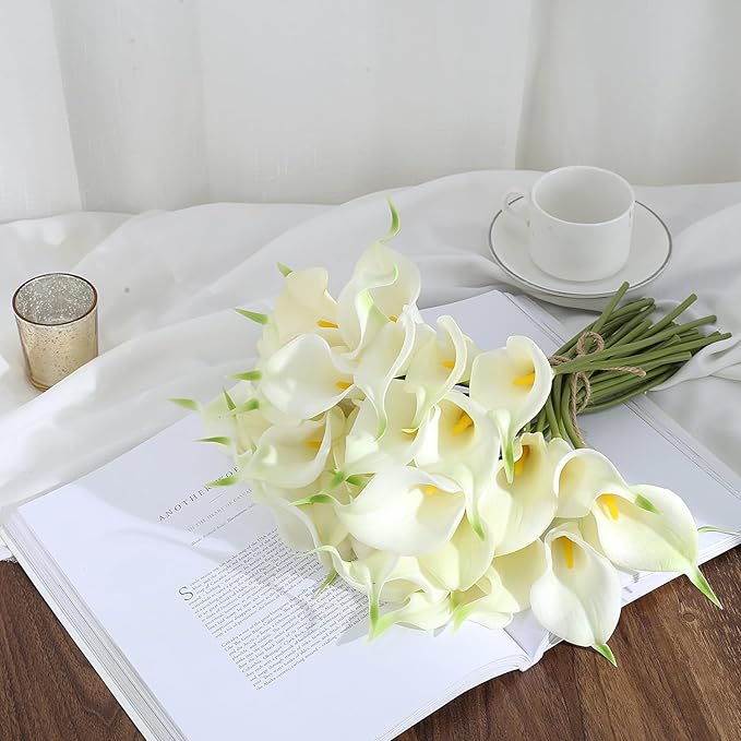 24 Pcs White Artificial Flowers Fake White Calla Lily Silk Flower Real Touch for Wedding Office Home Kitchen Decor