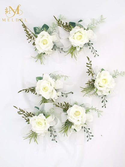 Meldel Wrist Corsage for Wedding, Set of 6, Elegant Artificial White Rose Pearl Wristband Wrist Corsage for Prom Homecoming Party, Perfect Accessories for Bride Bridesmaids, Mother of Bride and Groom