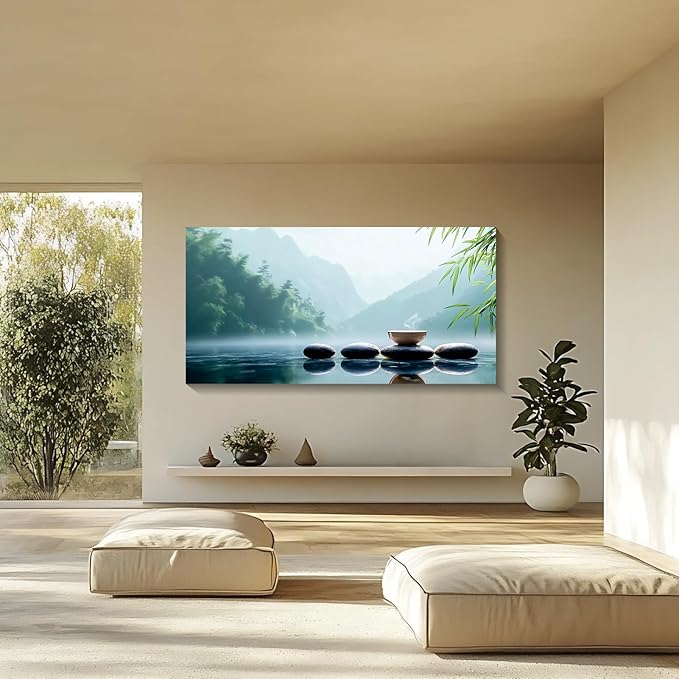 Iallbin Buddha Wall Art & Zen Wall Decor, White Lotus on Water Canvas Painting - for Yoga Meditation Room, Spa & Bathroom,Iallbin Zen Stone Wall Art & Zen Wall Decor, Blending the essence of landscape artistry - for Yoga Meditation Room, Spa & Bathroom...