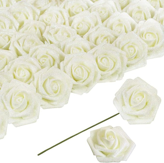 30 pcs Glitter Roses Ivory Artificial Foam Rose Artificial Glitter Flowers with Stem, Foam Glitter Rose for Wedding Party Office Baby Shower Home Decoration(Ivory