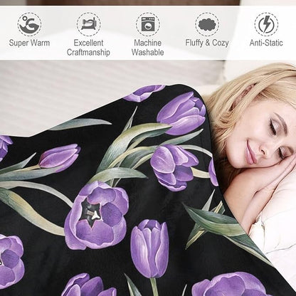 Purple Tulip Blanket Flower Gifts for Girls Women Tulip Floral Throw Blanket for Kids Adults Soft Warm Cozy Fleece Blanket for Couch Sofa Bed 50"x60"