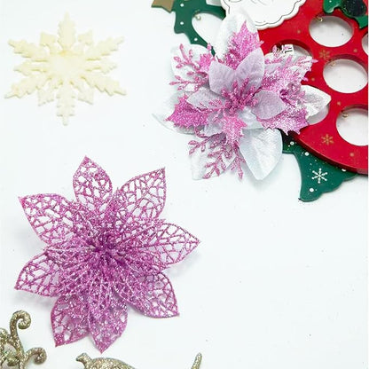24Pcs Christmas Poinsettia Artificial Flowers and Glitter Berries Kit, 2 Styles Total 16Pcs Christmas Tree Flowers Ornaments, 8Pcs Christmas Tree Picks for Wedding Holiday Decorations, Pink