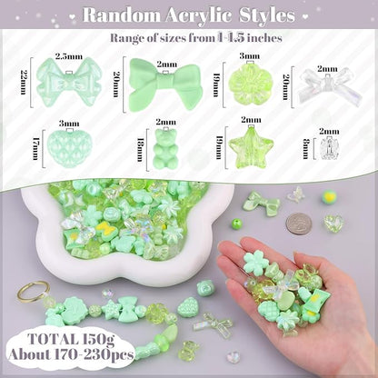Assorted Acrylic Beads, 200-260PCS Green Cute Beads for Bracelet Making, GummyBear Bow Flower Candy Kawaii Charms for Jewelry Making DIY Necklace Keychain Phone Charm Christmas Gift
