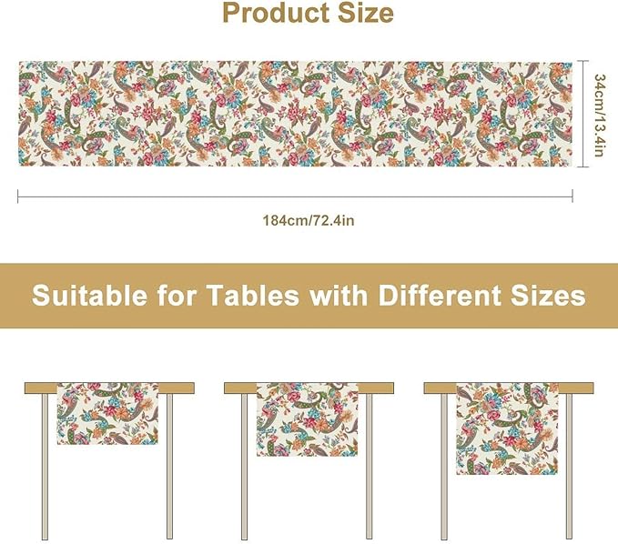 Boho Floral Table Runner, Colorful Bohemian Paisley Flower Design Table Runner for Kitchen Dining Home Party Decor, 13x70 Inch