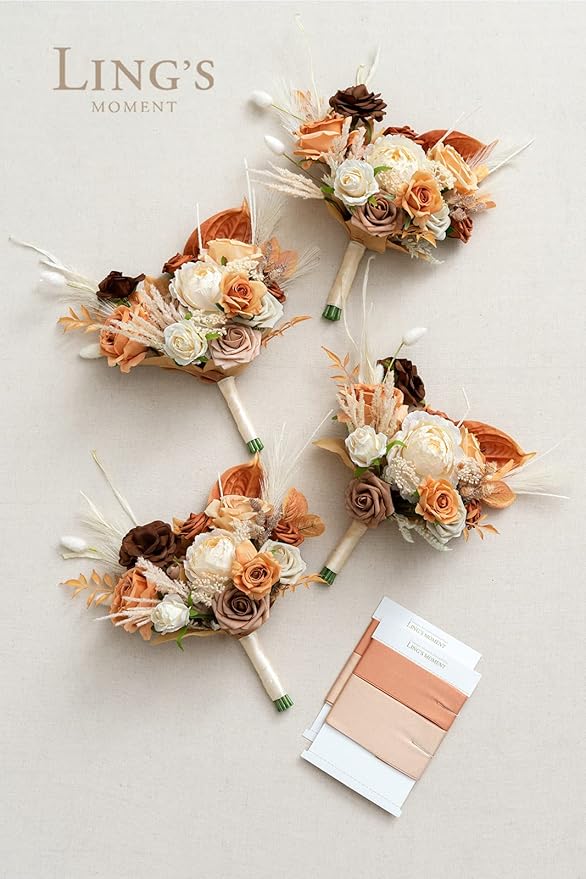 Ling's moment Artificial Flowers Boho Bridesmaid Bouquet Set of 4, Rust Wedding Flowers Bouquets for Bridesmaids, 7 Inch Bridal Bouquets for Bridesmaids, Wedding Decor, Ceremony, etc