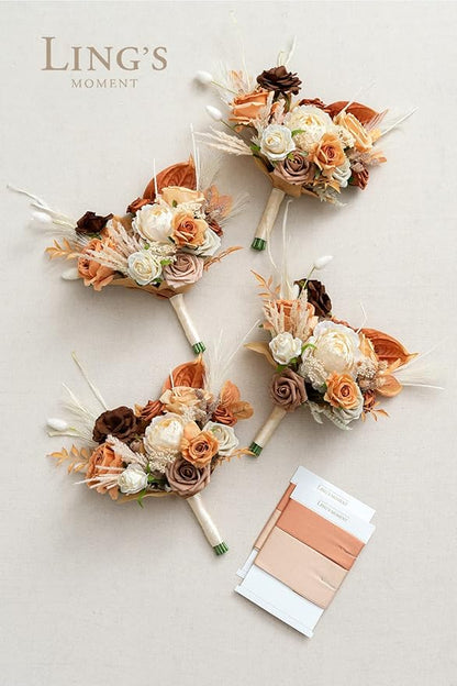 Ling's moment Artificial Flowers Boho Bridesmaid Bouquet Set of 4, Rust Wedding Flowers Bouquets for Bridesmaids, 7 Inch Bridal Bouquets for Bridesmaids, Wedding Decor, Ceremony, etc
