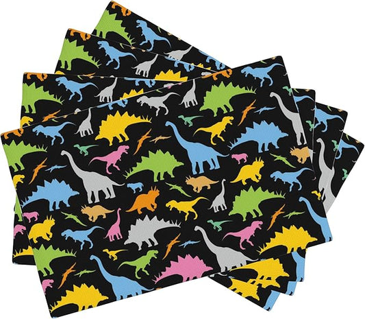 Colorful Dinosaur Placemats Set of 4, 12x18 Inch Non-Slip Washable Heat Resistant Linen Fabric Table Mats,Place Mats for Holiday Party