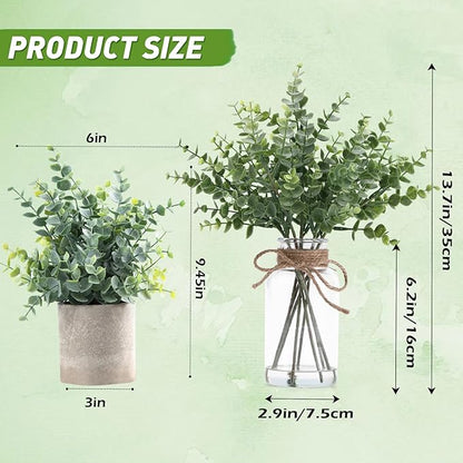 Eucalyptus Stems in Glass Vase with Faux Water, 13.7" Eucalyptus Fake Plants for Home Bathroom Office Kitchen Farmhouse Shelf Centerpiece Coffee Table Decor(Sage Green)