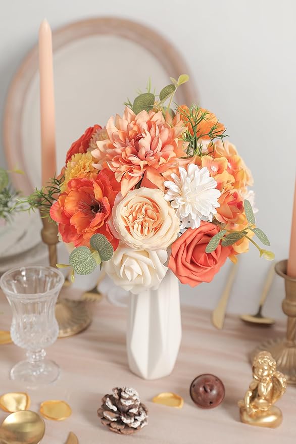 Orange Artificial Flowers Combo Set Fake Flower Leaf Box with Stemst for DIY Wedding Bridal Bouquet, Centerpieces, Home Decor, Floral Arrangement Decor