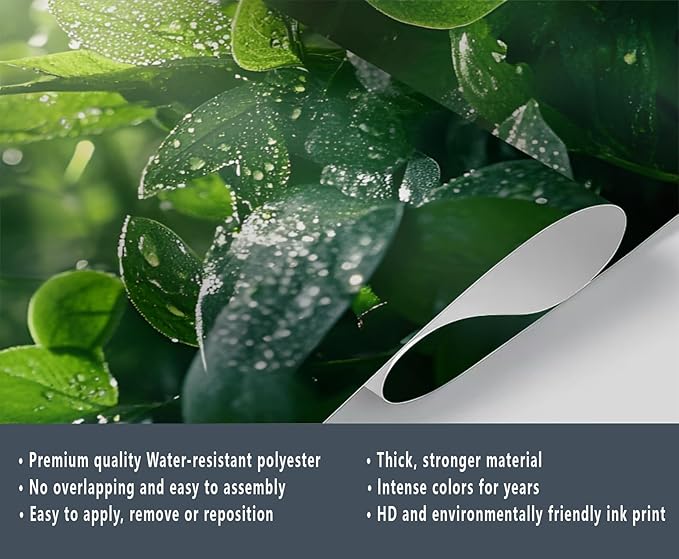 Dewdrops Green Leaf Wall Mural, Botanical Forest Sunlight 3D Wall Murals, Refreshing Nature Wallpaper Mural, for Living Room Bedroom Large Wallpaper Indoor Decor 118" W x 82.6 "H