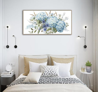 VEAEE Framed Flowers Canvas Wall Art - Blue Floral Canvas Pictures, Living Room Wall Decor, Blue Hydrangea Botanical Canvas Prints Painting Abstract Artwork Bedroom Office Home Decor 20"x 40"
