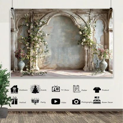 7x5ft Retro White Wildflower Backdrop Vintage Old Palace Building Concrete Wall Photography Background for Wedding Valentines Day Mother-to-be Bridal Shower Birthday Princess Portrait