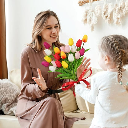 Real Touch Artificial Tulips, 20pcs Fake Tulip Flower Stem, PU Faux Tulip 13.5” for Mother's Day Easter Valentine's Gift, Home Decor, Wedding, Table Centerpiece, Floral Arrangement, Multicolor