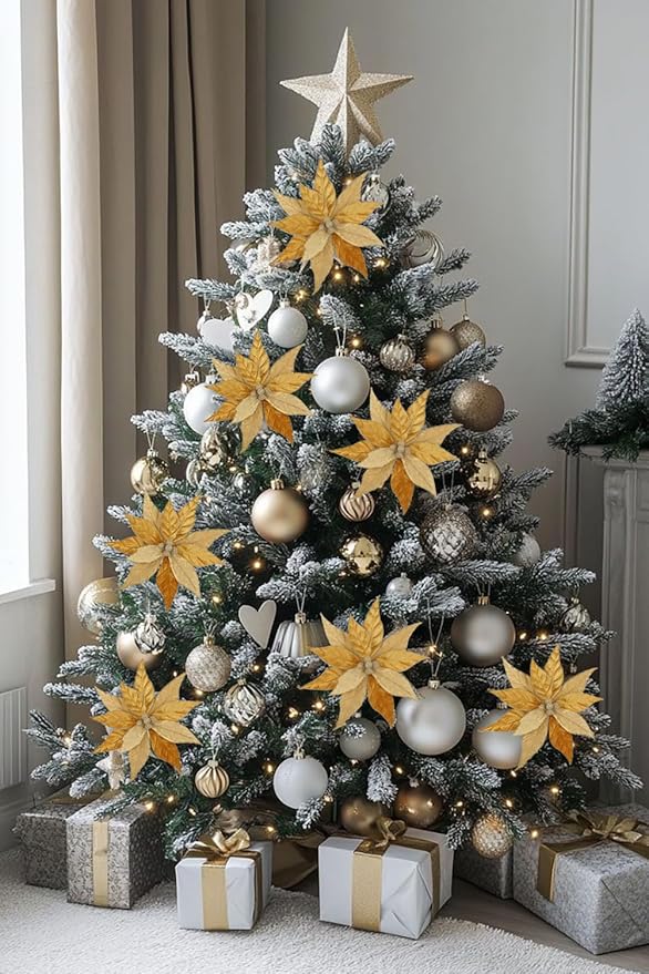Hollyone 3PCS Poinsettia Christmas Flowers Artificial 11" Large Velvet Gold Glitter Poinsettia Flowers Christmas Tree Ornaments Floral Picks for Tree Wreath Garland Vase Table Centerpiece Home Decor
