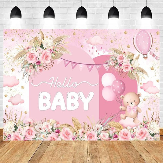 12x8ft Hello Baby Backdrop Pink Gold Boho Floral Bear Baby Shower Photography Background Balloon Stars Clouds Banner Decorations Welcome Newborn Celebration Party Portrait Photo Booth Prop