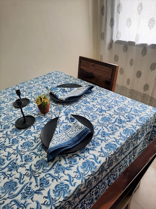 ATOSII Midnight Bloom 100% Cotton Fall Tablecloth, Handblock Print Blue Square Table Cloth for Kitchen Dining Table Linen I Parties Wedding Christmas Thanksgiving Outdoor Fall Decor 60 X 60 Inches