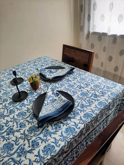 ATOSII Midnight Bloom 100% Cotton Fall Tablecloth, Handblock Print Blue Rectangle Table Cloth for Kitchen Dining Table Linen I Parties Wedding Outdoor Decor 60 X 90 Inches